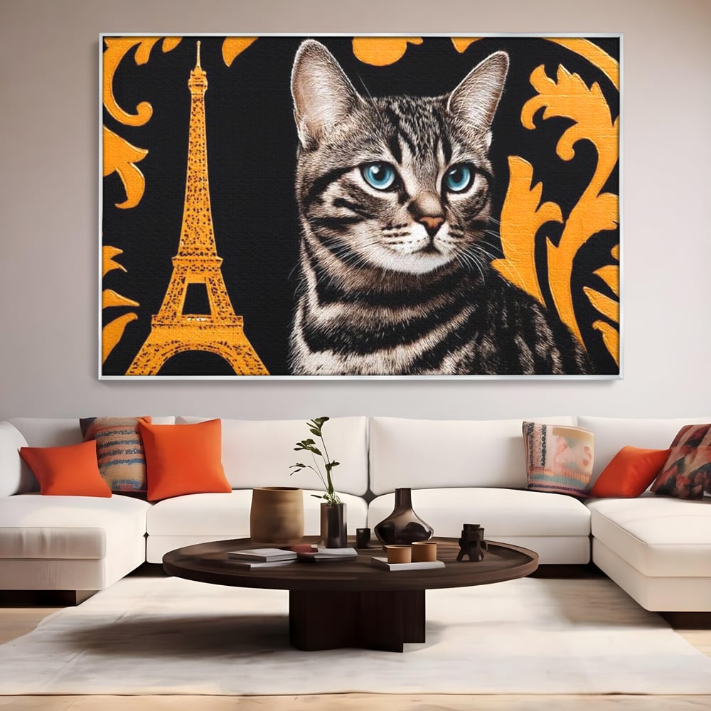Tablou canvas cu tablou canvas cu pisica si turnul eiffel, in rama de aluminiu argintiu, pe perete intr-un living